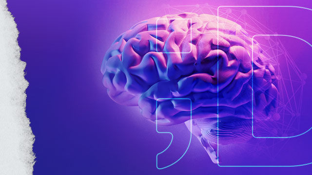 Purple brain illustration with digital patterns and white textures on left. Overlaid with abstract blue graphics on a purple gradient background.