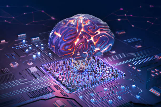A striking, digitally generated image showcasing a human brain connected to an intricate circuit board,