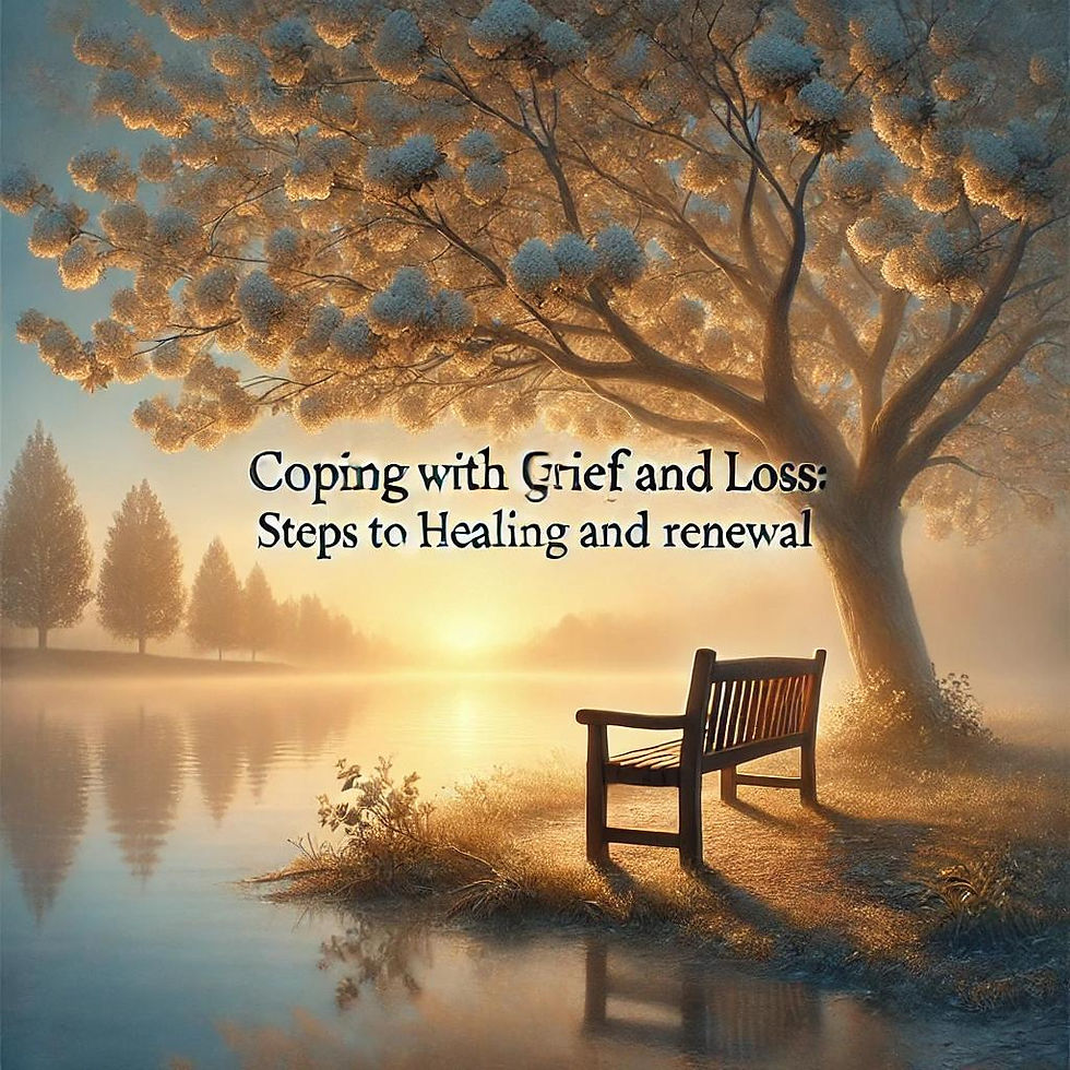 Serene park scene with a bench by a calm lake under a golden sunrise