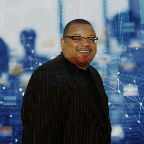 Smiling man in a dark suit stands against a digital-themed blue background with glowing nodes and blurred skyscrapers.