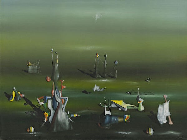 Abstract figures and objects on a green landscape evoke a surreal, dreamlike mood. No text visible; muted colors dominate the scene.