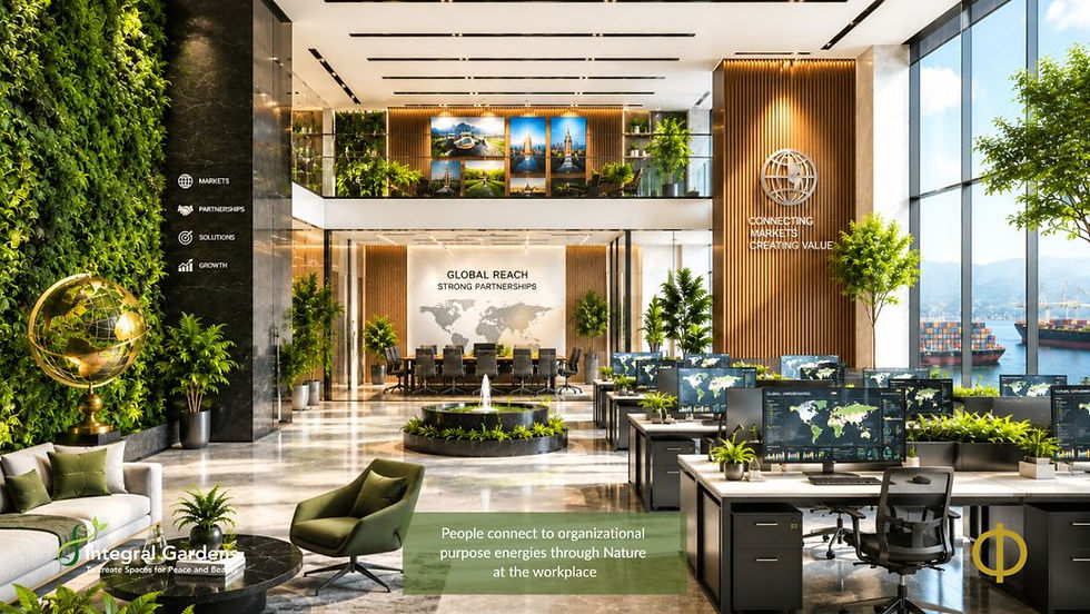 Bright biophilic office with globe decor, workstations, meeting table, and wall text: Global Reach Strong Partnerships.
