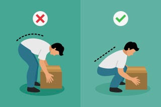 Split-screen illustration of a man lifting a box: left with bent back and red X, right with safer squat posture and green check.
