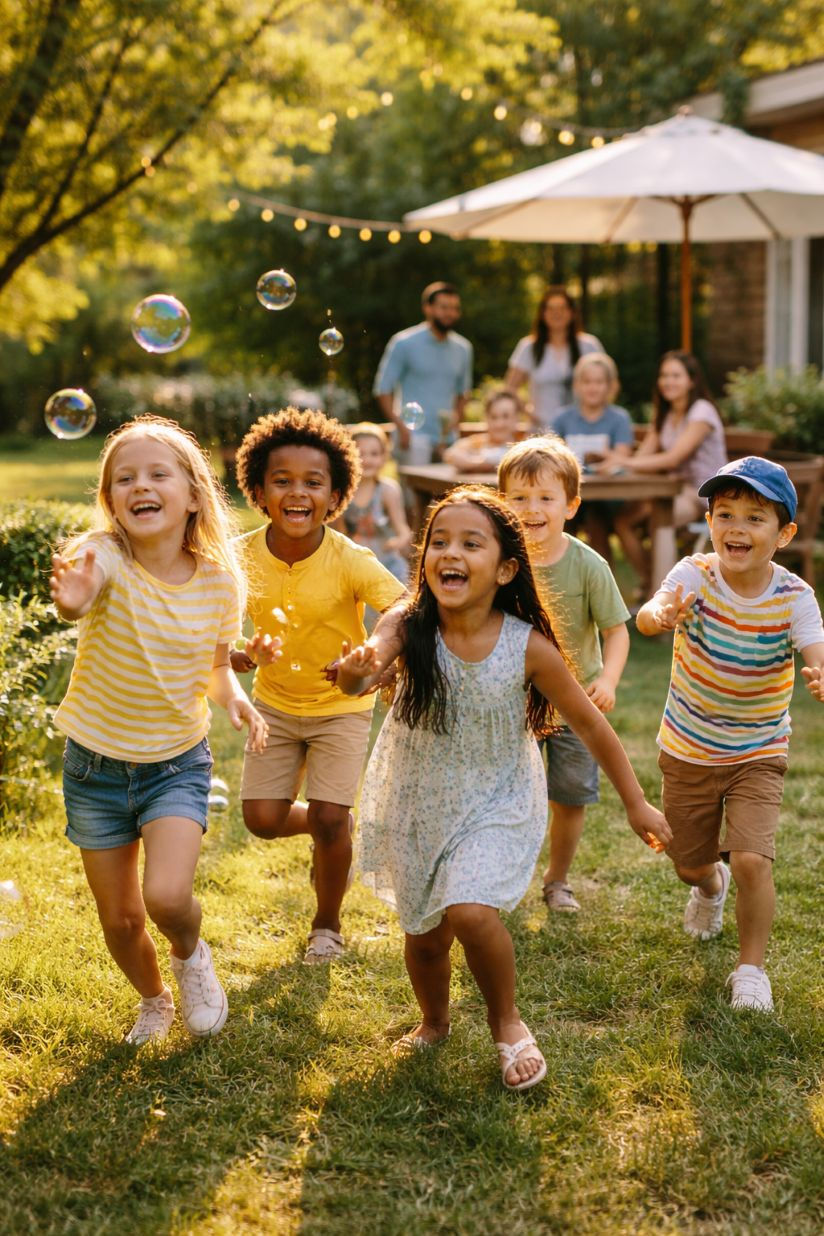 Children joyfully chase bubbles in a sunny garden, with a picnic table and adults in the background. Warm, vibrant atmosphere.