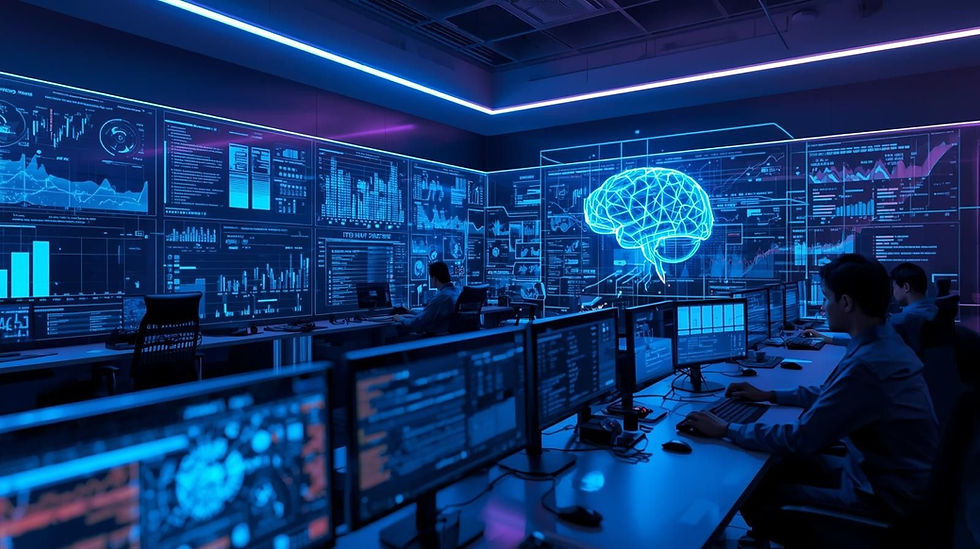People at desks in a tech control room with blue screens, graphs, and a digital brain image. Futuristic, data-driven atmosphere.