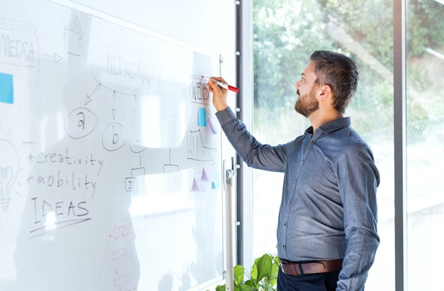 Man writing on a whiteboard in a bright office, with diagrams and text like NETWORK, IDEAS, creativity and mobility.