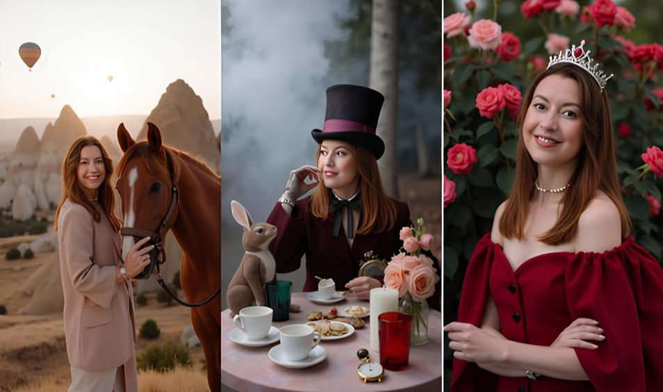 A young woman is shown in three different settings: with a horse in Cappadocia, Turkey; dressed as the Mad Hatter; and wearing a crown in a rose garden.