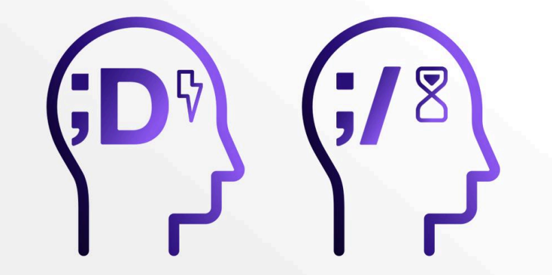 Two purple outlines of heads with symbols inside: left has ;D and a lightning bolt, right has ;/ and an hourglass. White background.