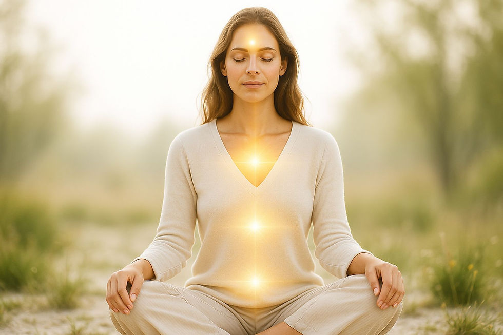 A woman is meditating outdoors with glowing golden light points aligned along her body, symbolizing inner energy or chakras.