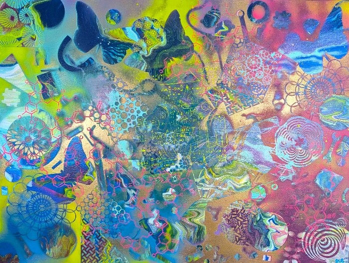 Abstract artwork with vibrant swirls and geometric patterns in blue, yellow, and pink. Features intricate mandalas and organic shapes.