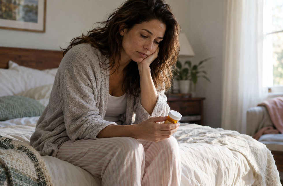 Sad woman in pajamas sits on a bed in a sunlit bedroom, holding a pill bottle and staring down thoughtfully.