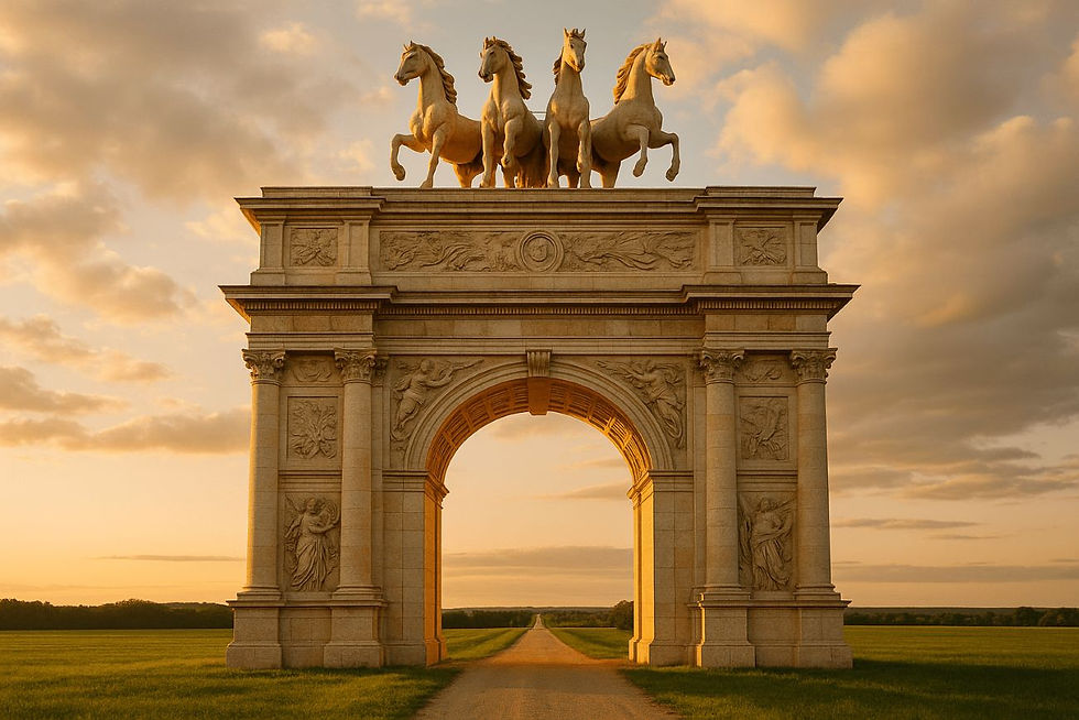 The photo features a grand triumphal arch topped with a sculpture of four horses, standing at the end of a long path stretching through a green field towards the horizon under a sky with soft, warm light.