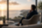 Man in a navy suit sits in an armchair by a window, gazing at a sunset over the ocean and cliffs in a calm room.