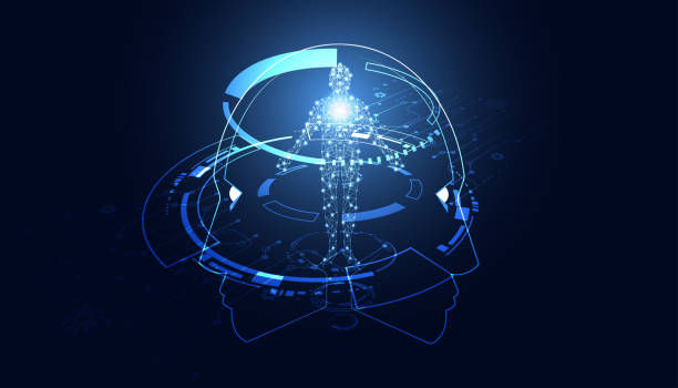 Futuristic digital human figure with glowing blue circuits, surrounded by a network pattern on a dark background, symbolizing technology.