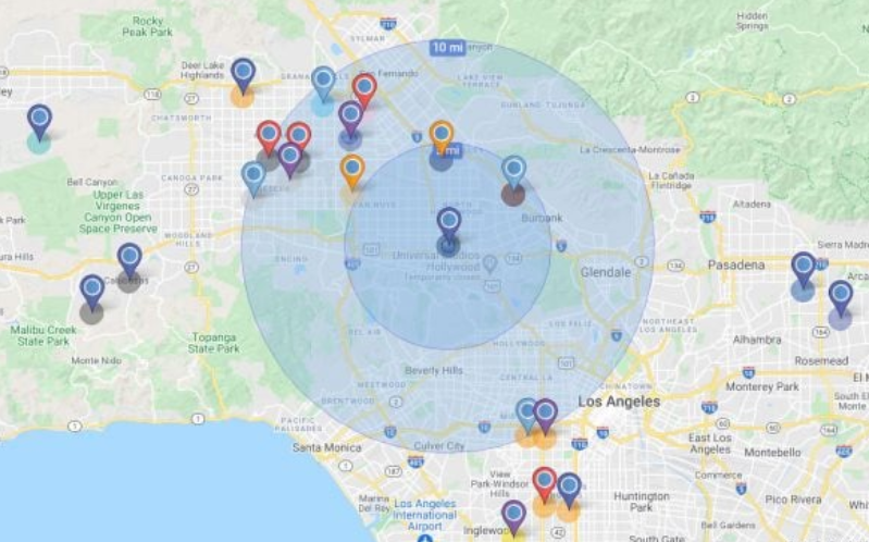 Map of Los Angeles showing colored markers, with a large blue circle indicating a 10-mile radius from Hollywood.