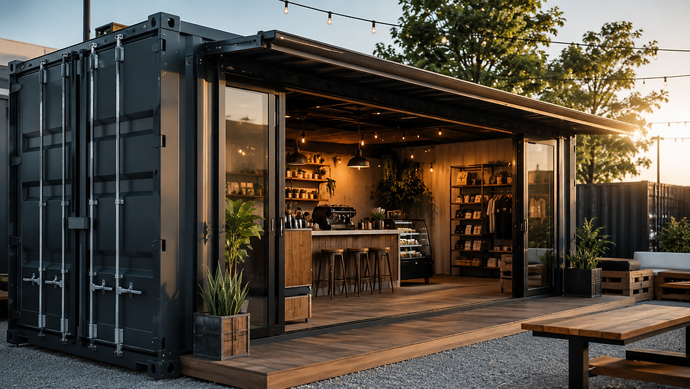Warm sunset view of a stylish shipping-container cafe with open glass front, string lights, plants, stools, and wooden decking.