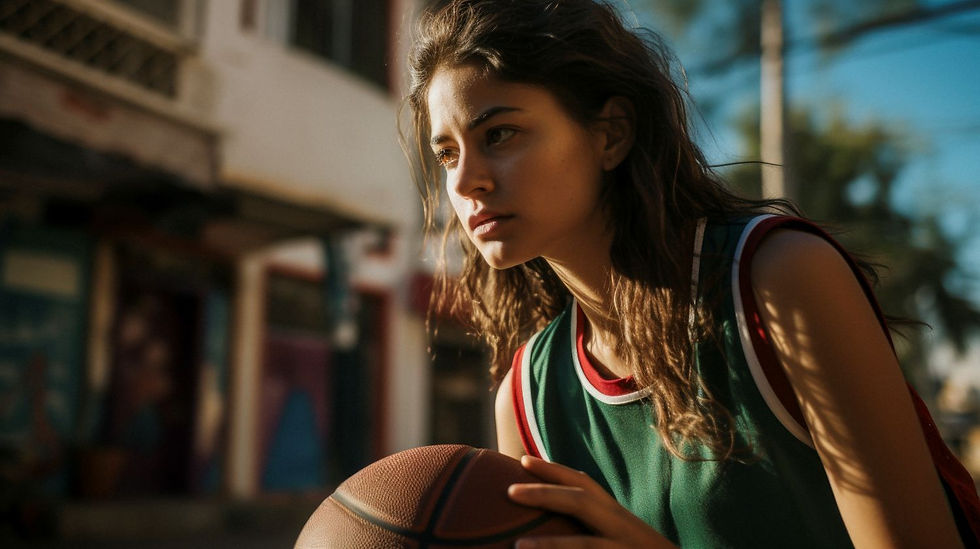 A young woman with long brown hair, wearing a green basketball jersey, holds a basketball while looking thoughtfully off to the side. The background is blurred, showing a city street.