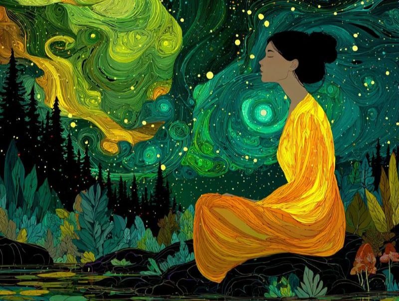 A woman in a flowing yellow dress sits peacefully in a vibrant, starry, and surreal forest night scene.