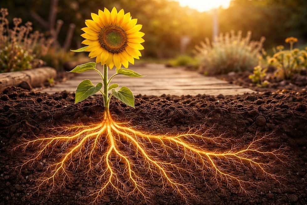 Sunflower with glowing roots in soil, set against a wooden path and blurred greenery. Bright, sunny background creates a warm mood.