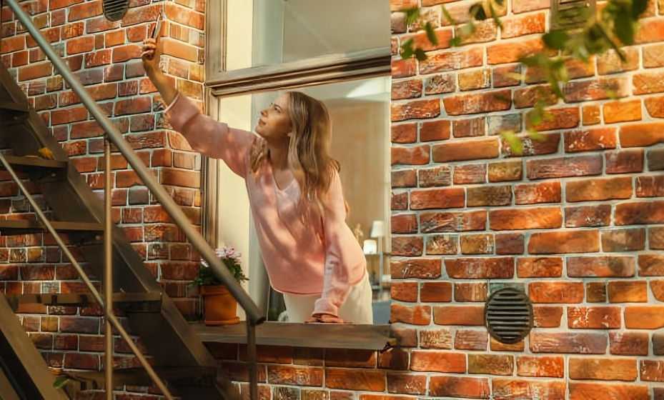 Woman in a pink sweater leans out a window, taking a selfie. Brick wall with plants and staircase in background. Warm sunlight.