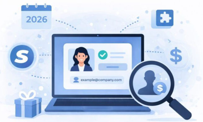 Laptop showing profile with checked checkmark and email. Magnifying glass, 2026 calendar, gift, puzzle, and dollar icon in blue tones.