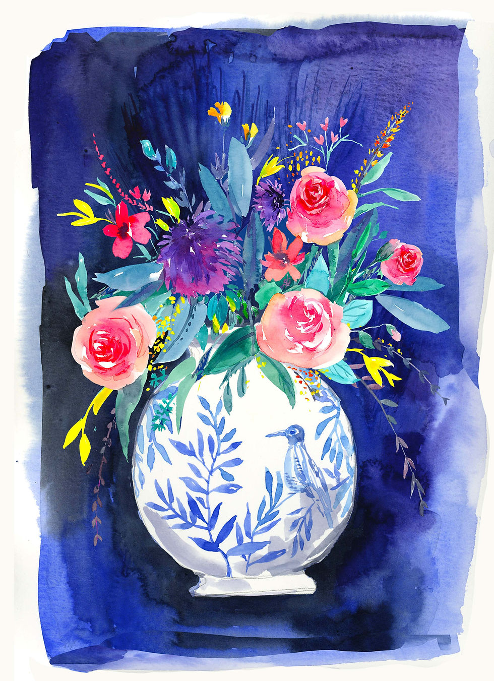 blue vase on blue +flowers