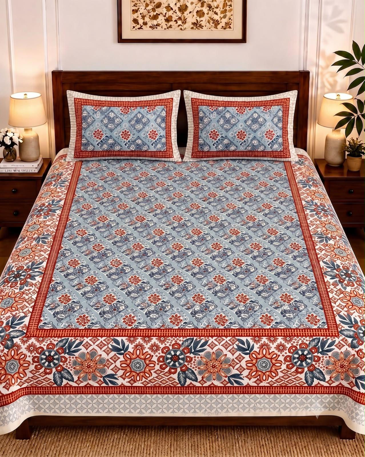 Jaipuri Printed Bedsheets with 2 Reversable Zipped Pillow Covers