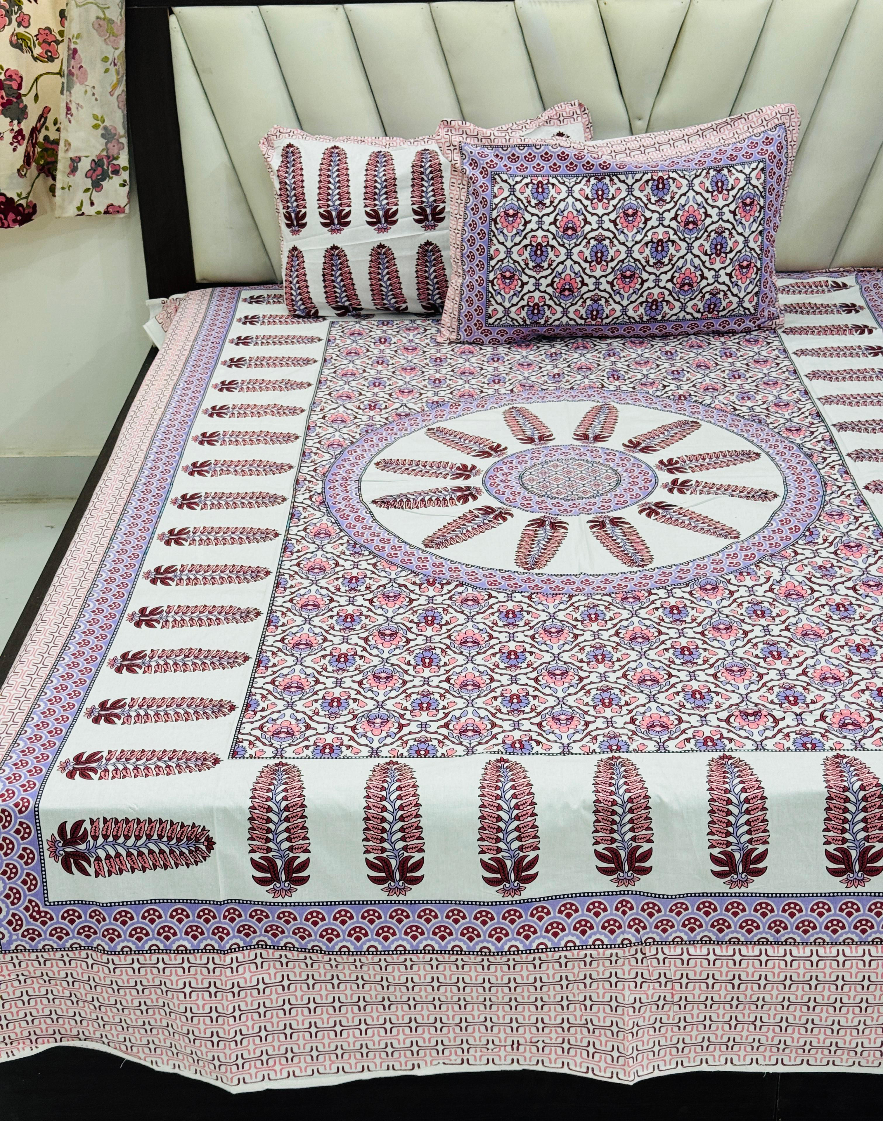 Jaipuri Printed Single Size Medium Bedsheet with 2 Zipped Pillow Cover