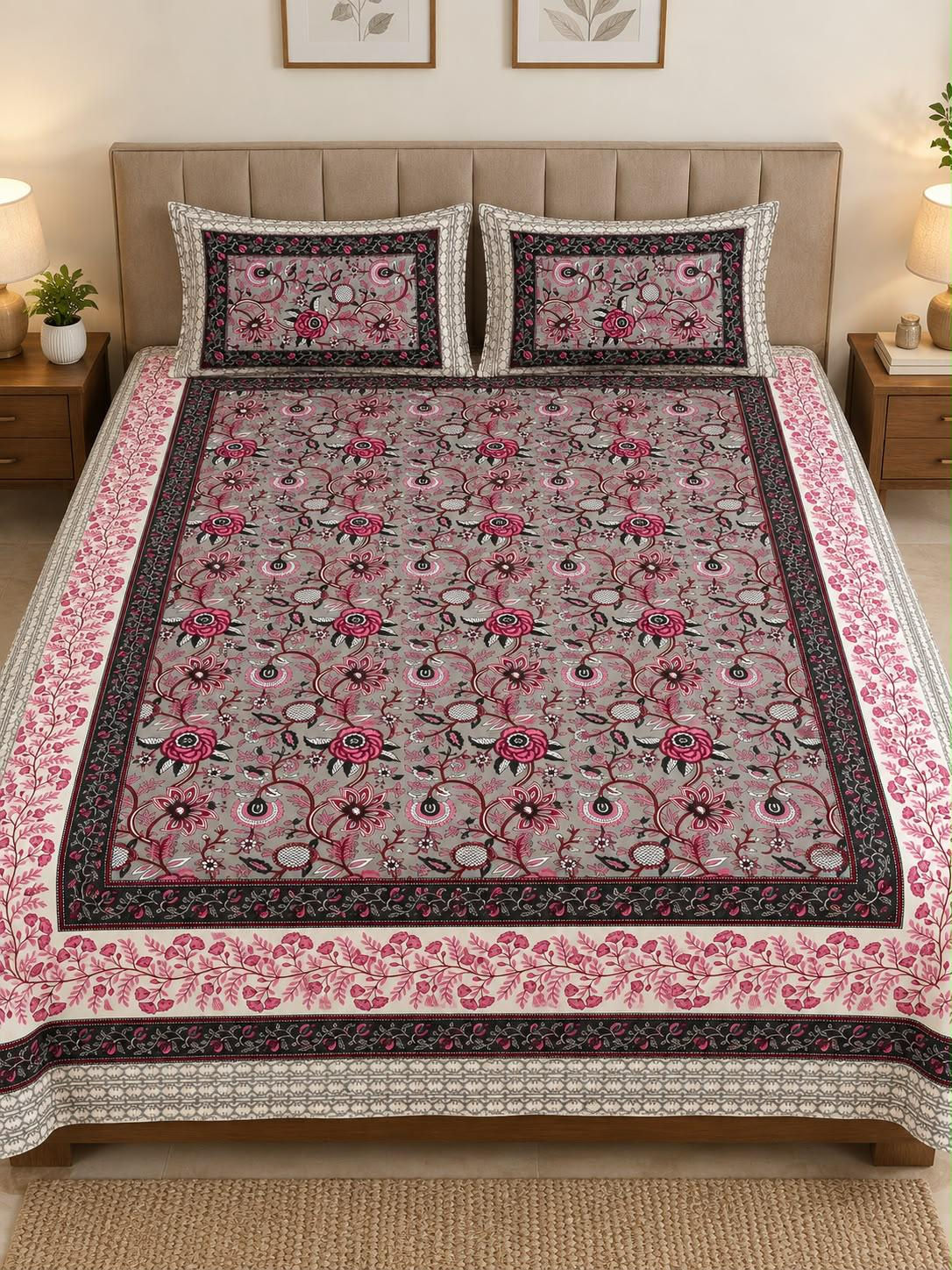 Jaipuri Printed Bedsheets with 2 Reversable Zipped Pillow Covers