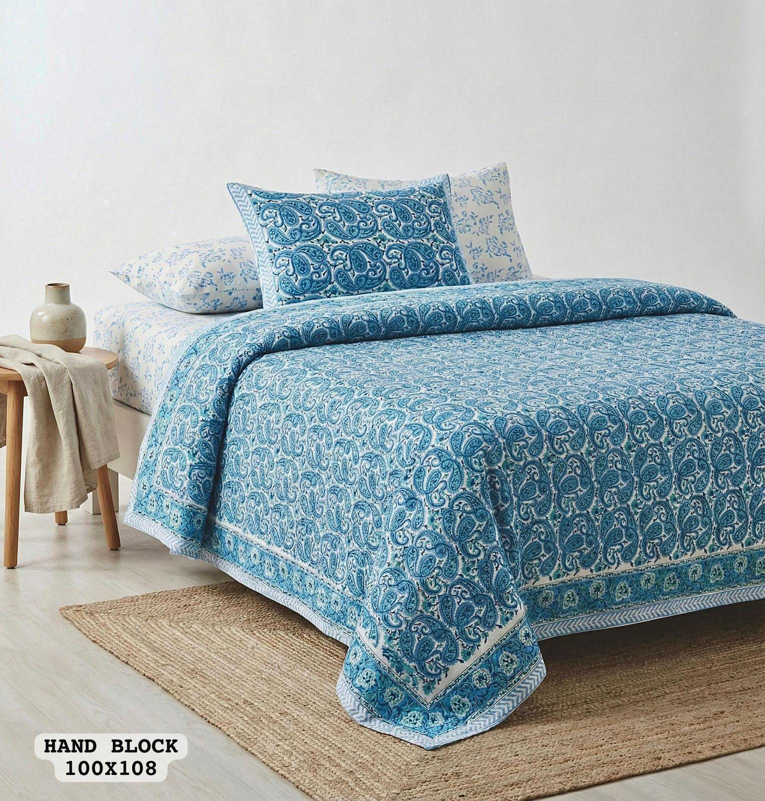 Hand Block King Size Cotton Bedsheet with 2 Zipped Reversable Pillow Cover