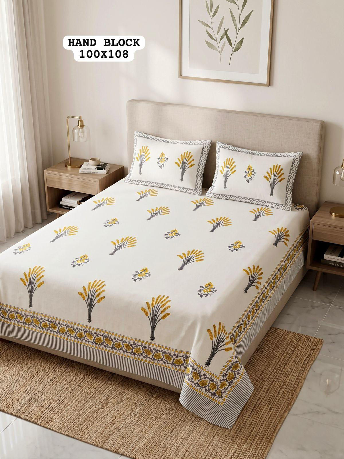 Hand Block King Size Cotton Bedsheet with 2 Zipped Reversable Pillow Cover