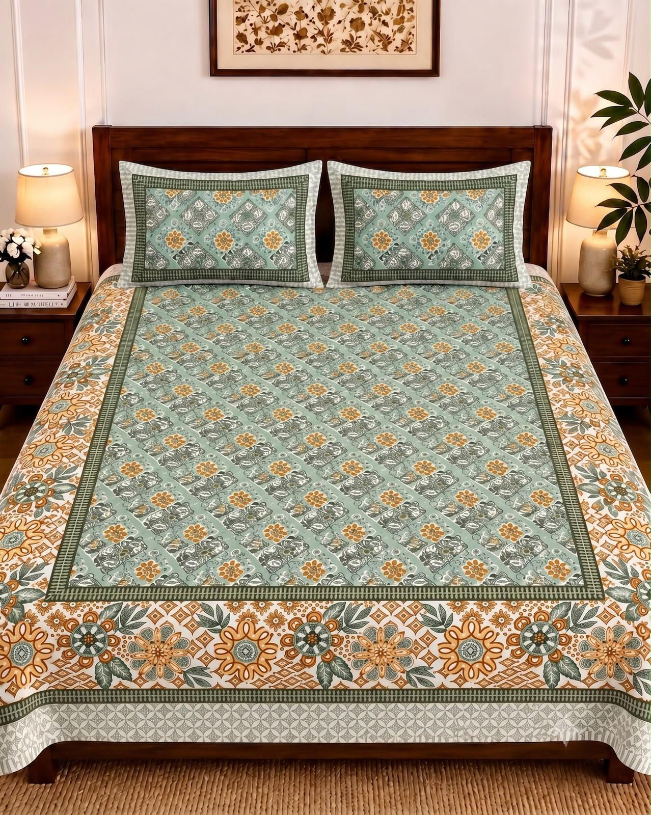 Jaipuri Printed Bedsheets with 2 Reversable Zipped Pillow Covers