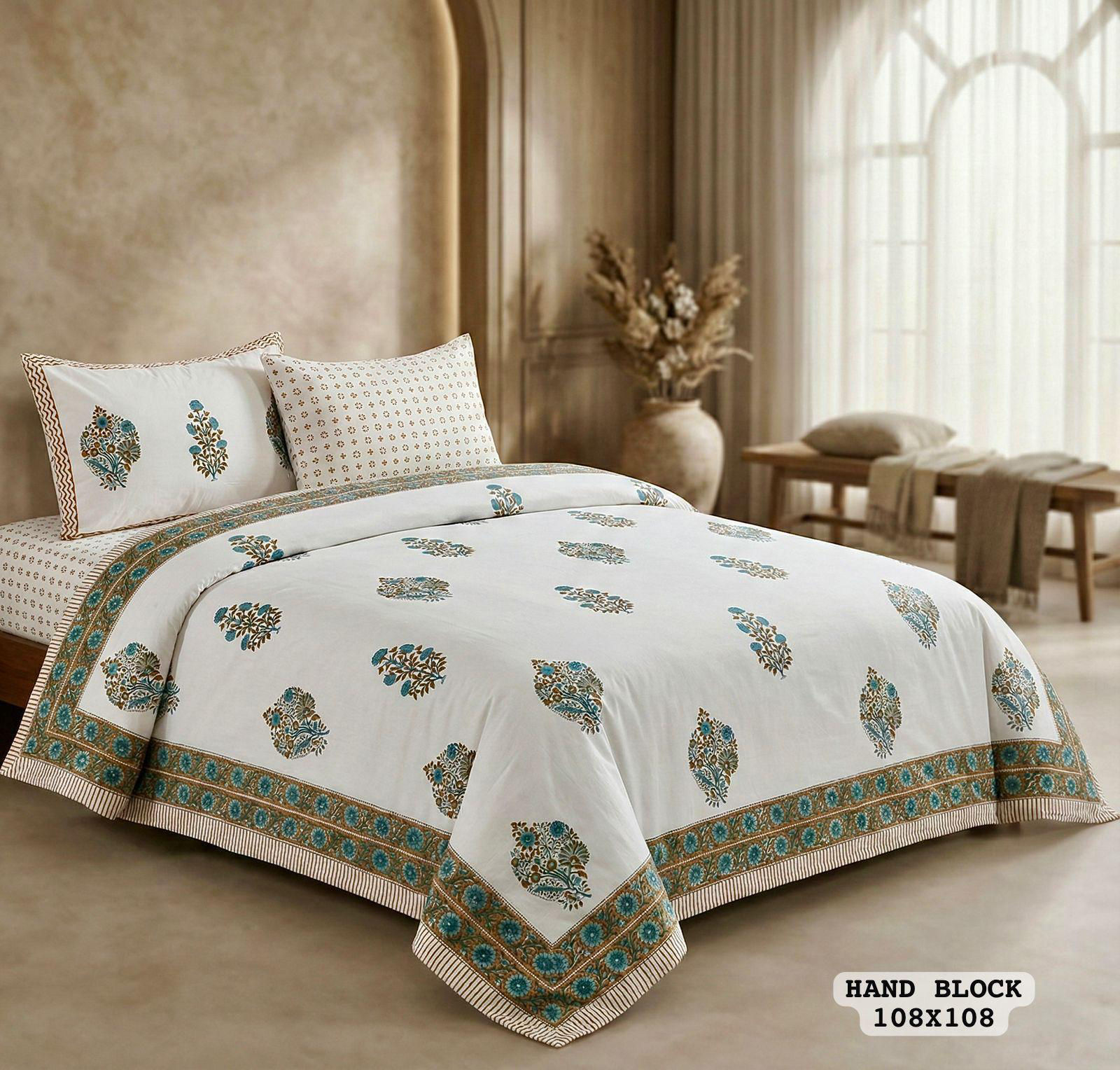 Pure Hand Block Super King Size Cotton Bedsheet-2 Zipped Reversable Pillow Cover