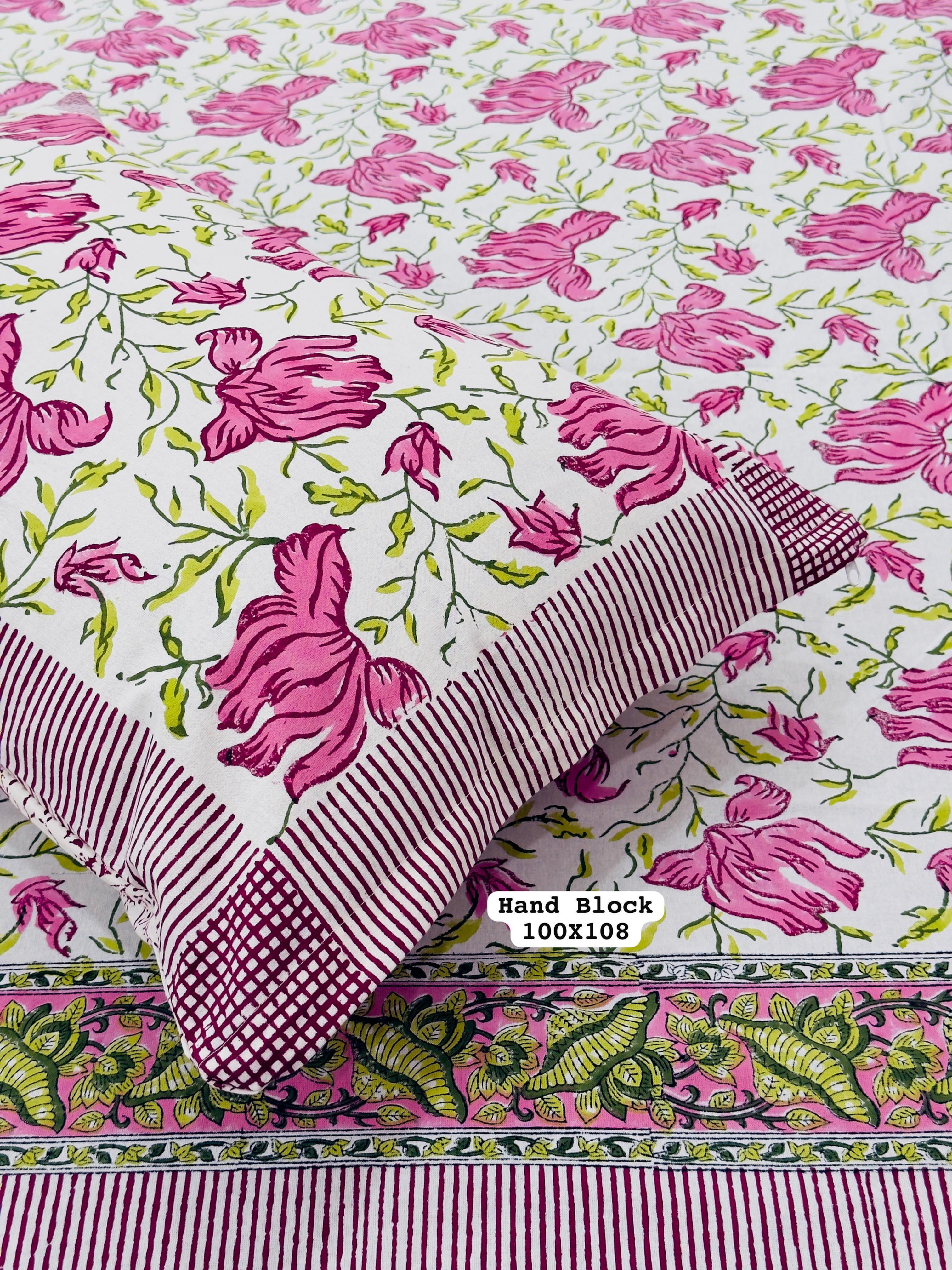 Pure Hand Block King Size Cotton Bedsheets with 2 Zipped Reversable Pillow Cover