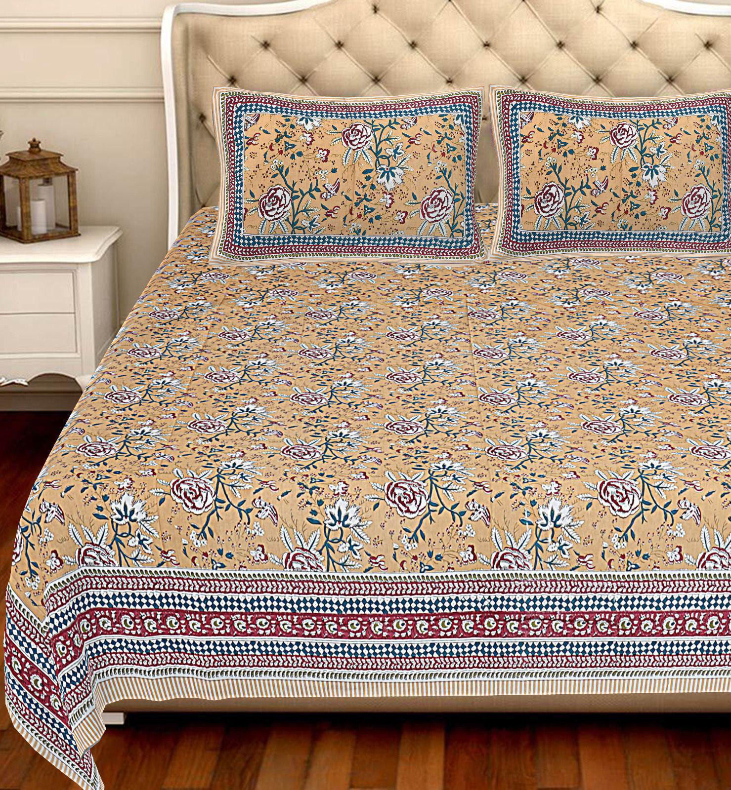 Sanganeri & Bangaru printed king Size Bedsheet with 2 Pillow Cover
