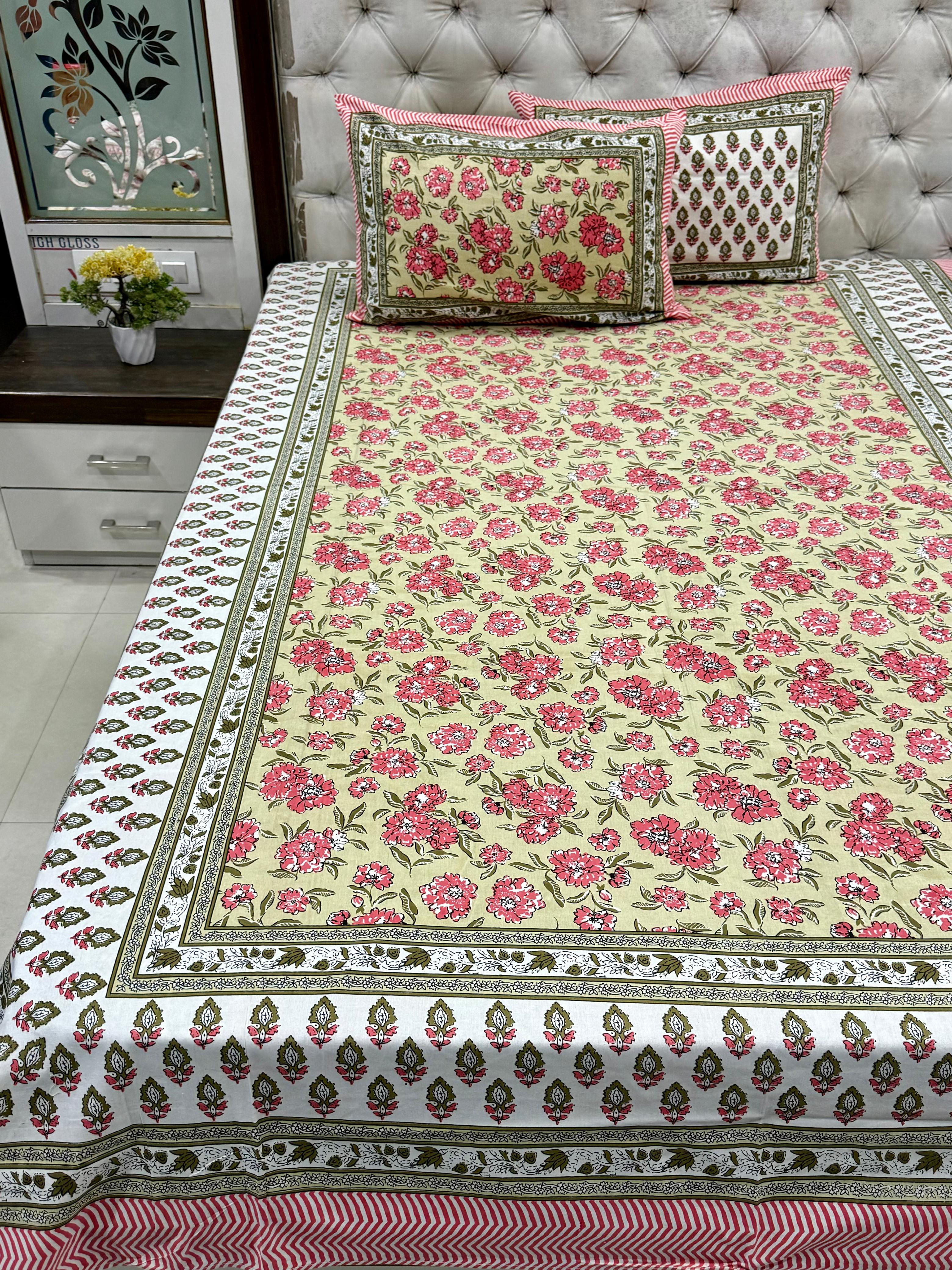 Jaipuri Printed Single Size Medium Bedsheet with 2 Zipped Pillow Cover