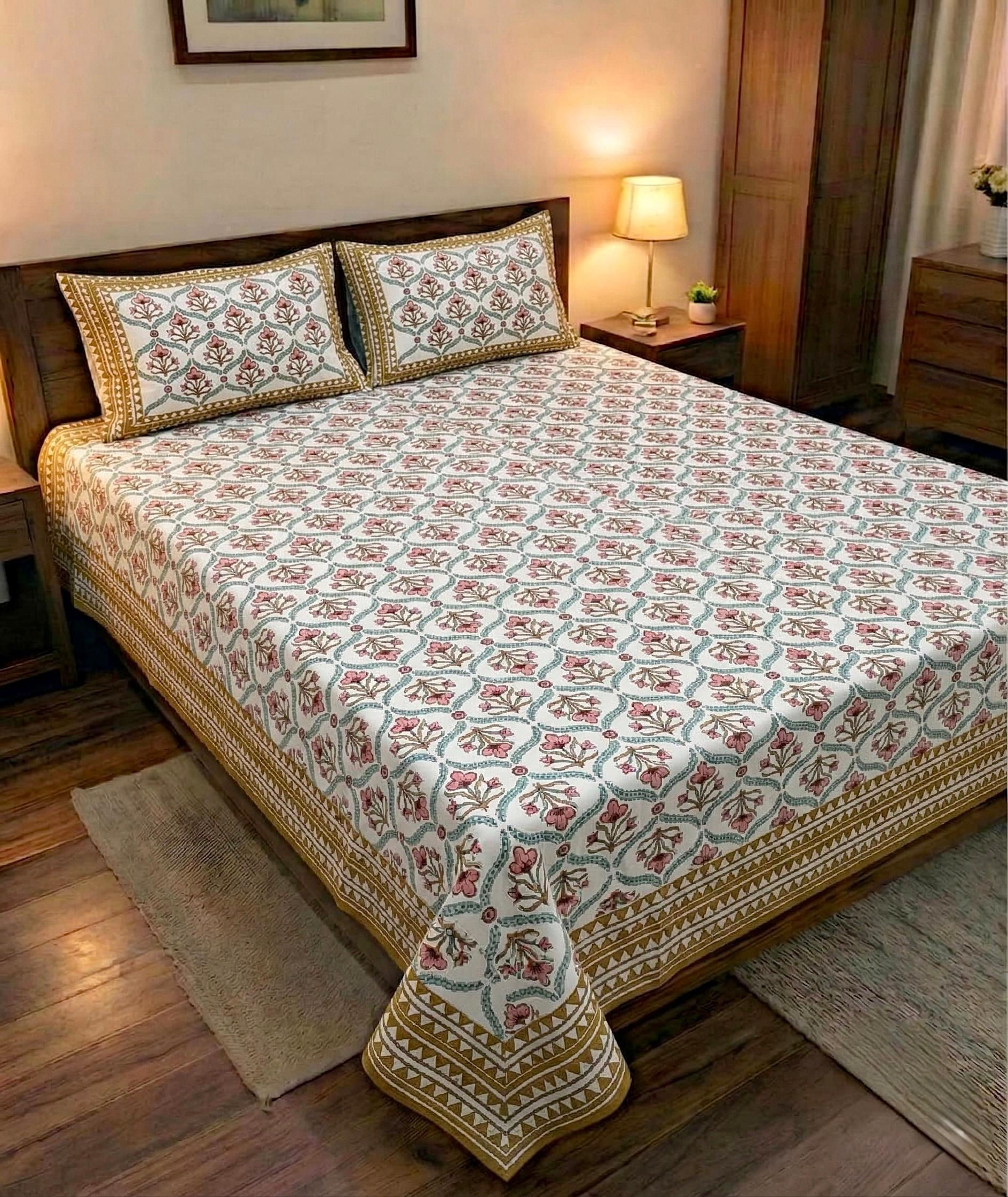 Premium Hand Look King Size Bedsheet with 2 Reversible Pillow Cover