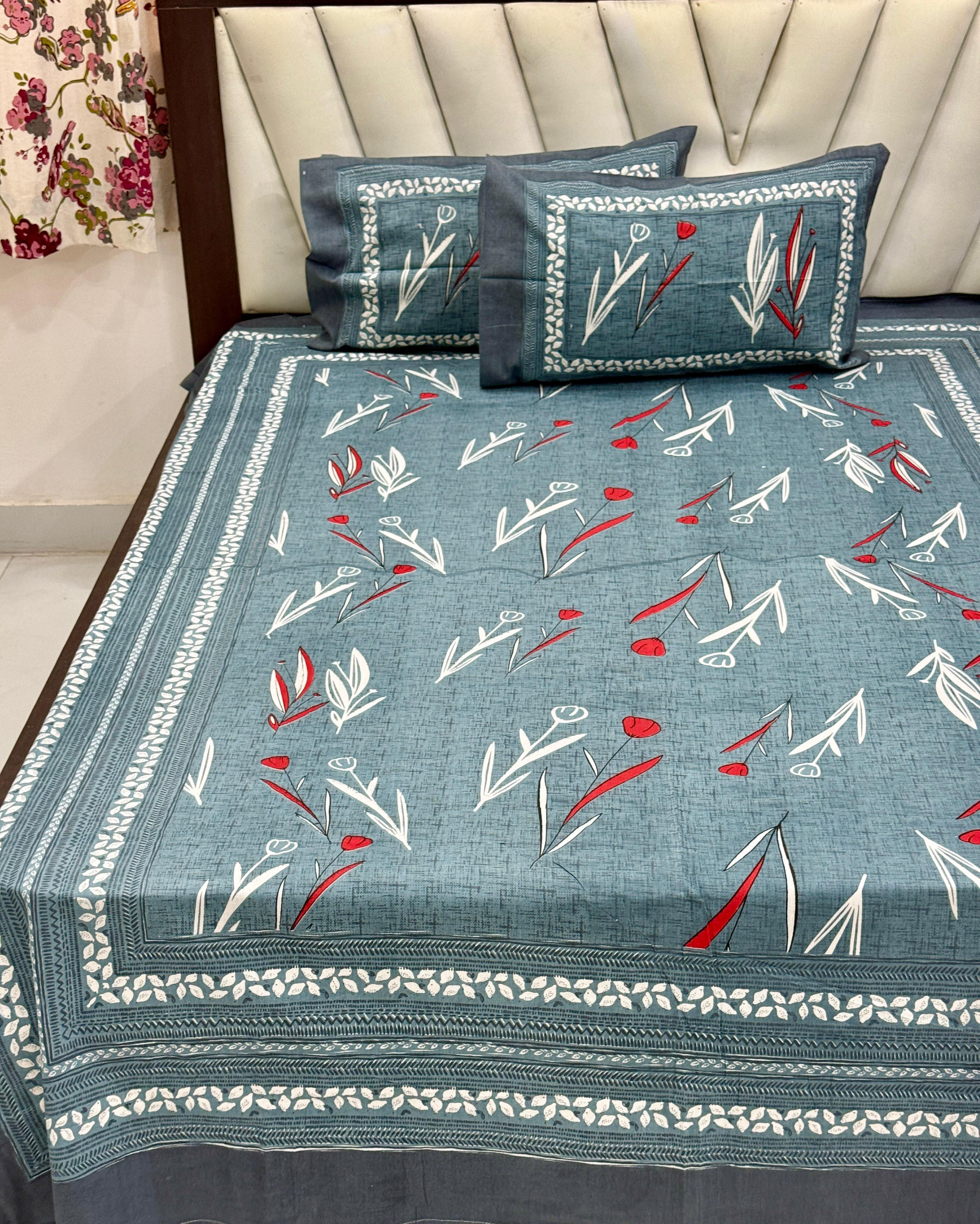 Jaipuri Printed Single Size Medium Bedsheet with 2 Zipped Pillow Cover