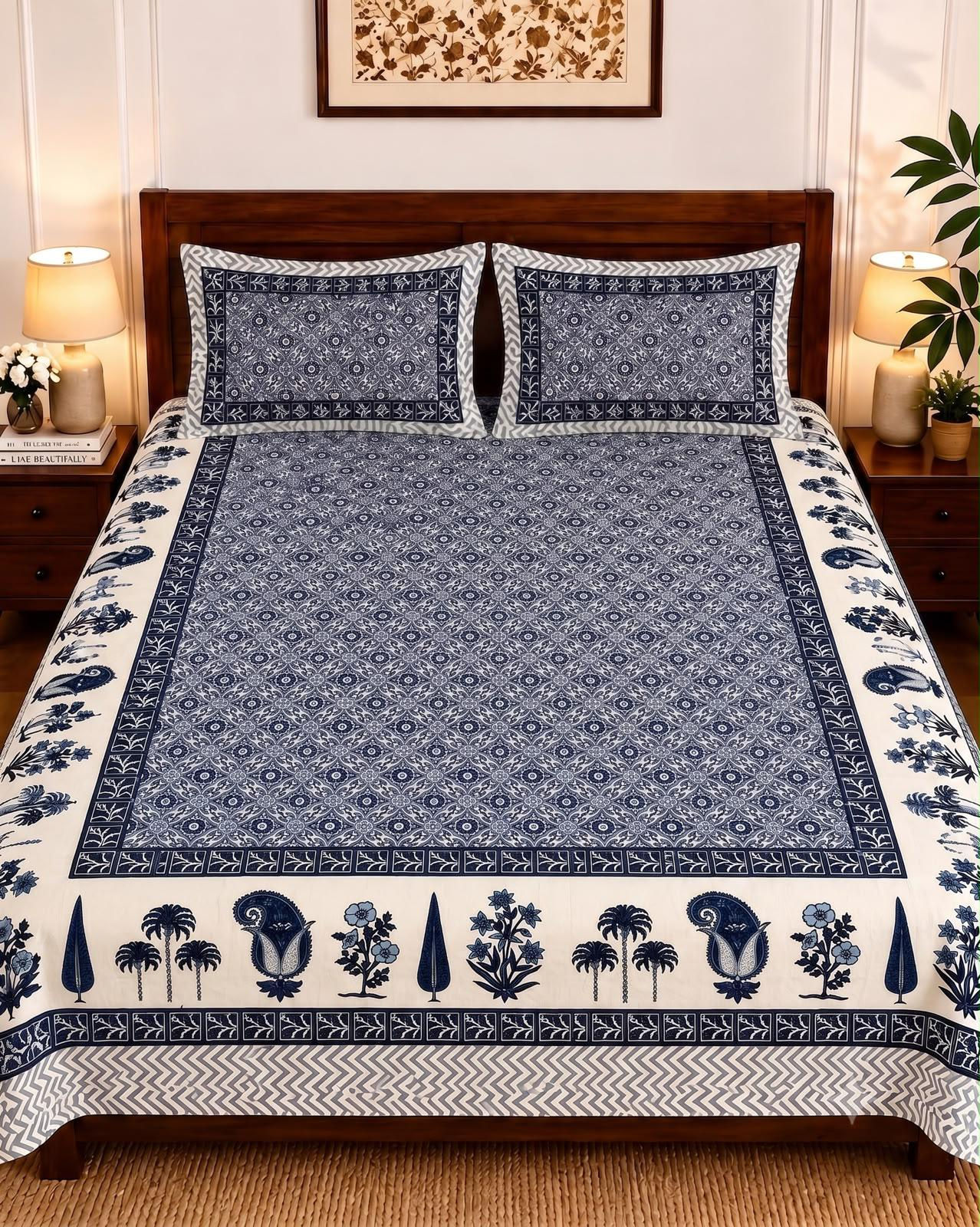 Jaipuri Printed Bedsheets with 2 Reversable Zipped Pillow Covers