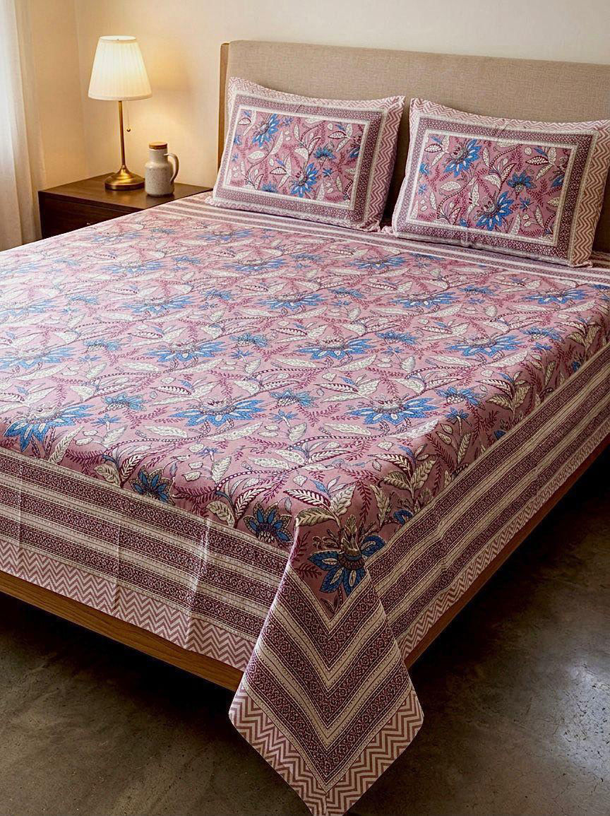 Sanganeri & Bangaru printed king Size Bedsheet with 2 Pillow Cover