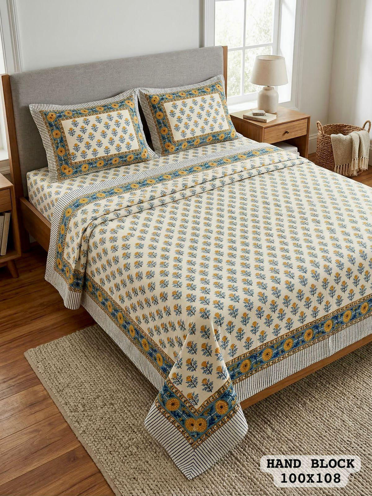 Hand Block King Size Cotton Bedsheet with 2 Zipped Reversable Pillow Cover