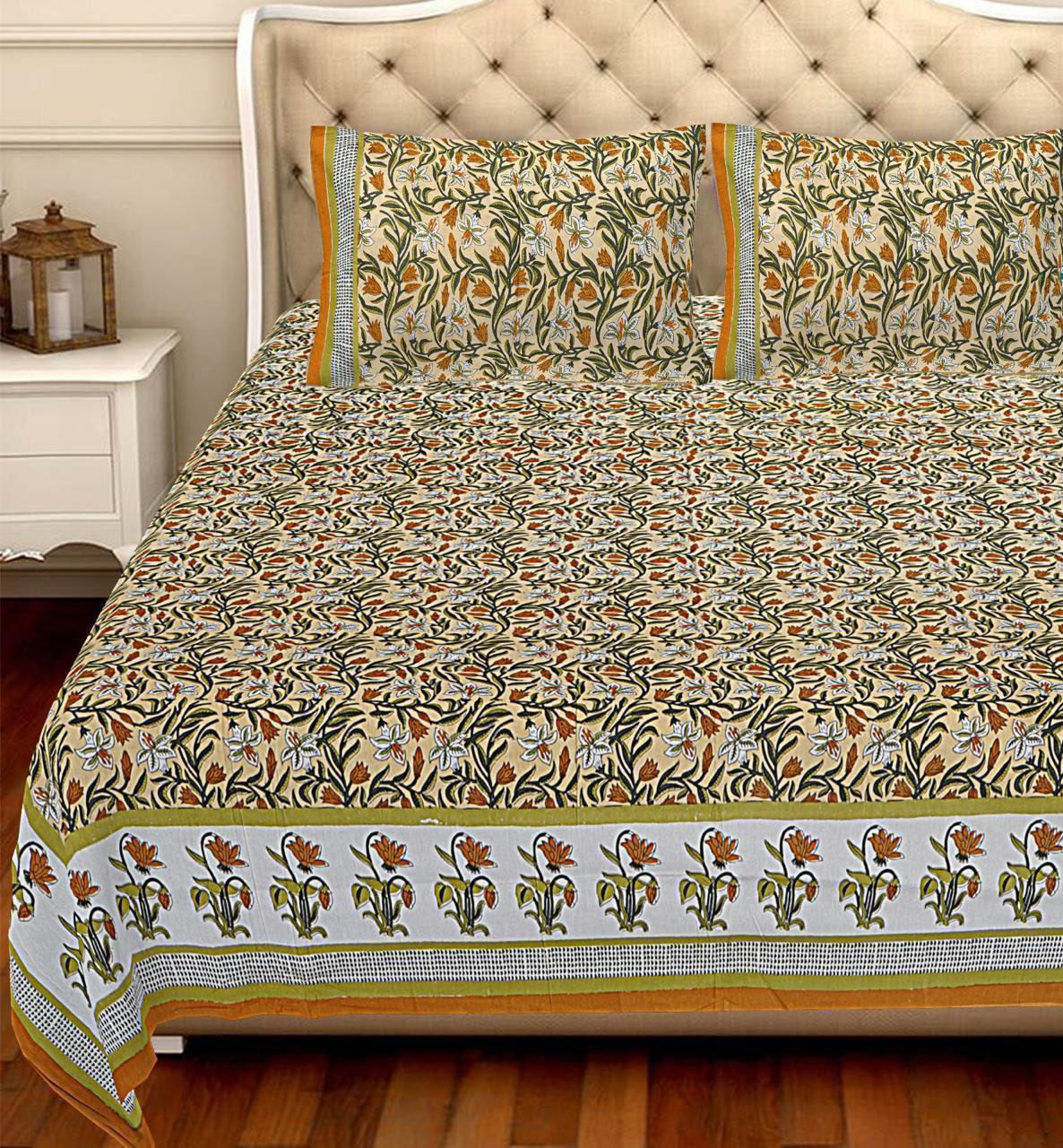 Sanganeri & Bangaru printed king Size Bedsheet with 2 Pillow Cover