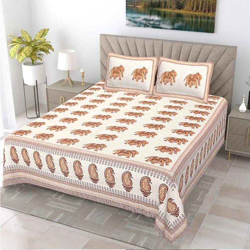 Sanganeri & Bangaru printed king Size Bedsheet with 2 Pillow Cover
