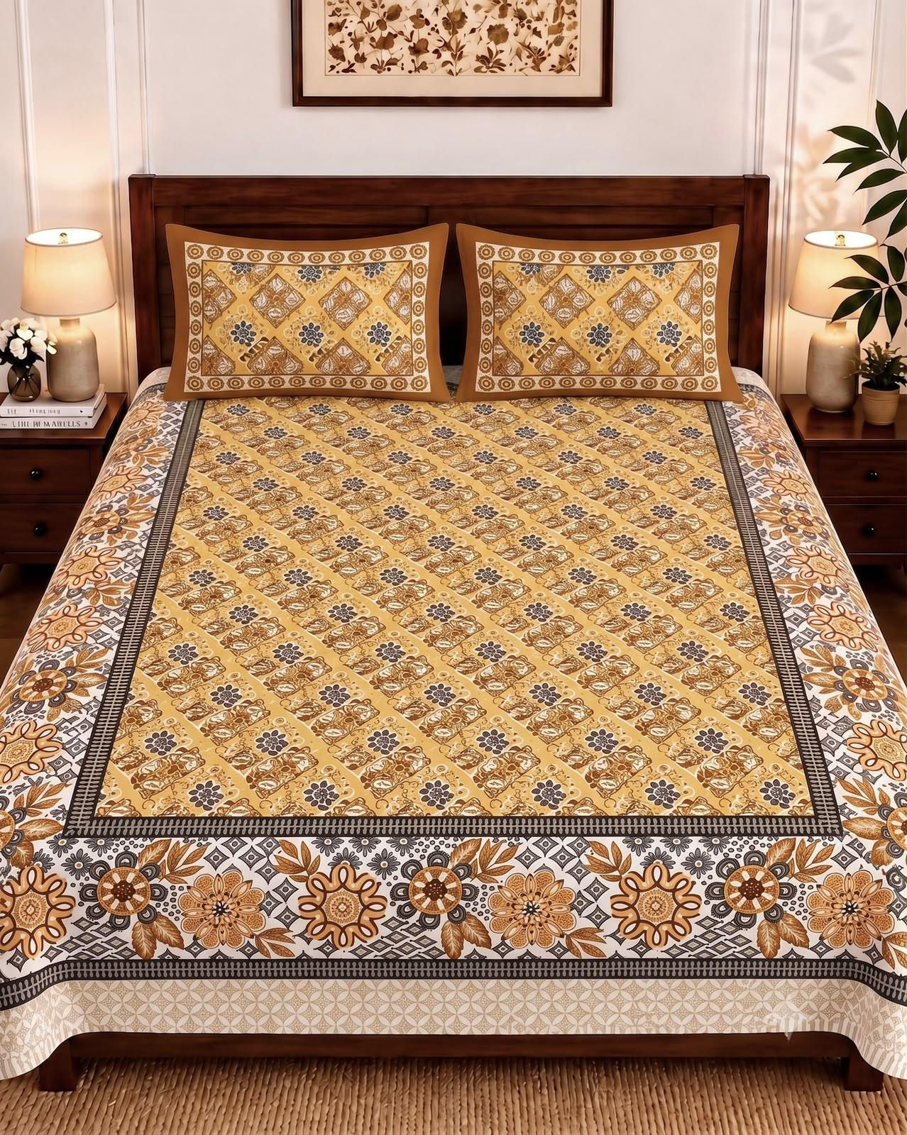Jaipuri Printed Bedsheets with 2 Reversable Zipped Pillow Covers
