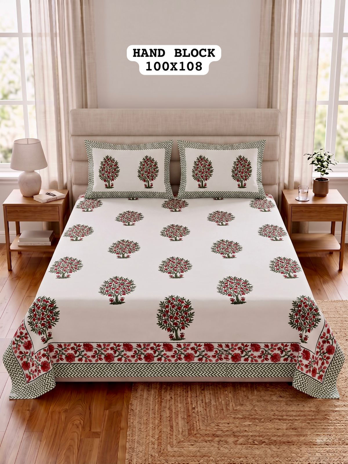 Hand Block King Size Cotton Bedsheet with 2 Zipped Reversable Pillow Cover