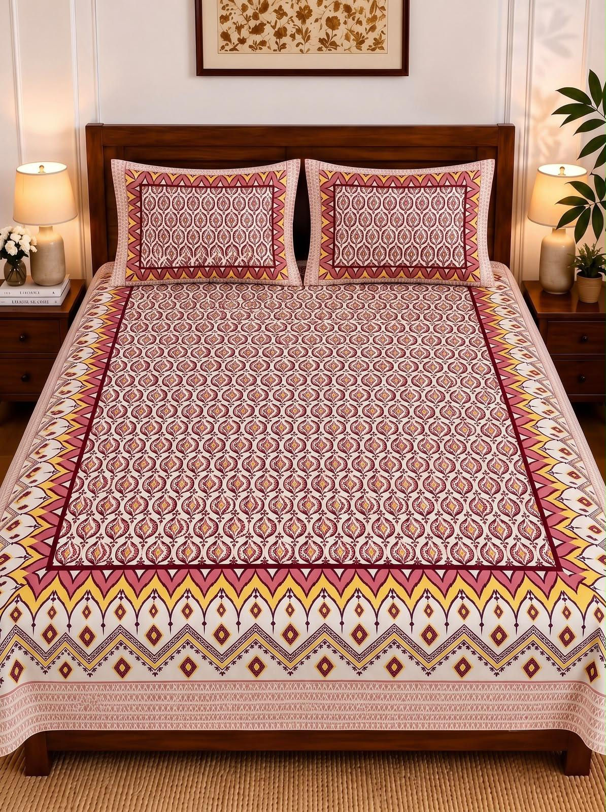 Jaipuri Printed Bedsheets with 2 Reversable Zipped Pillow Covers