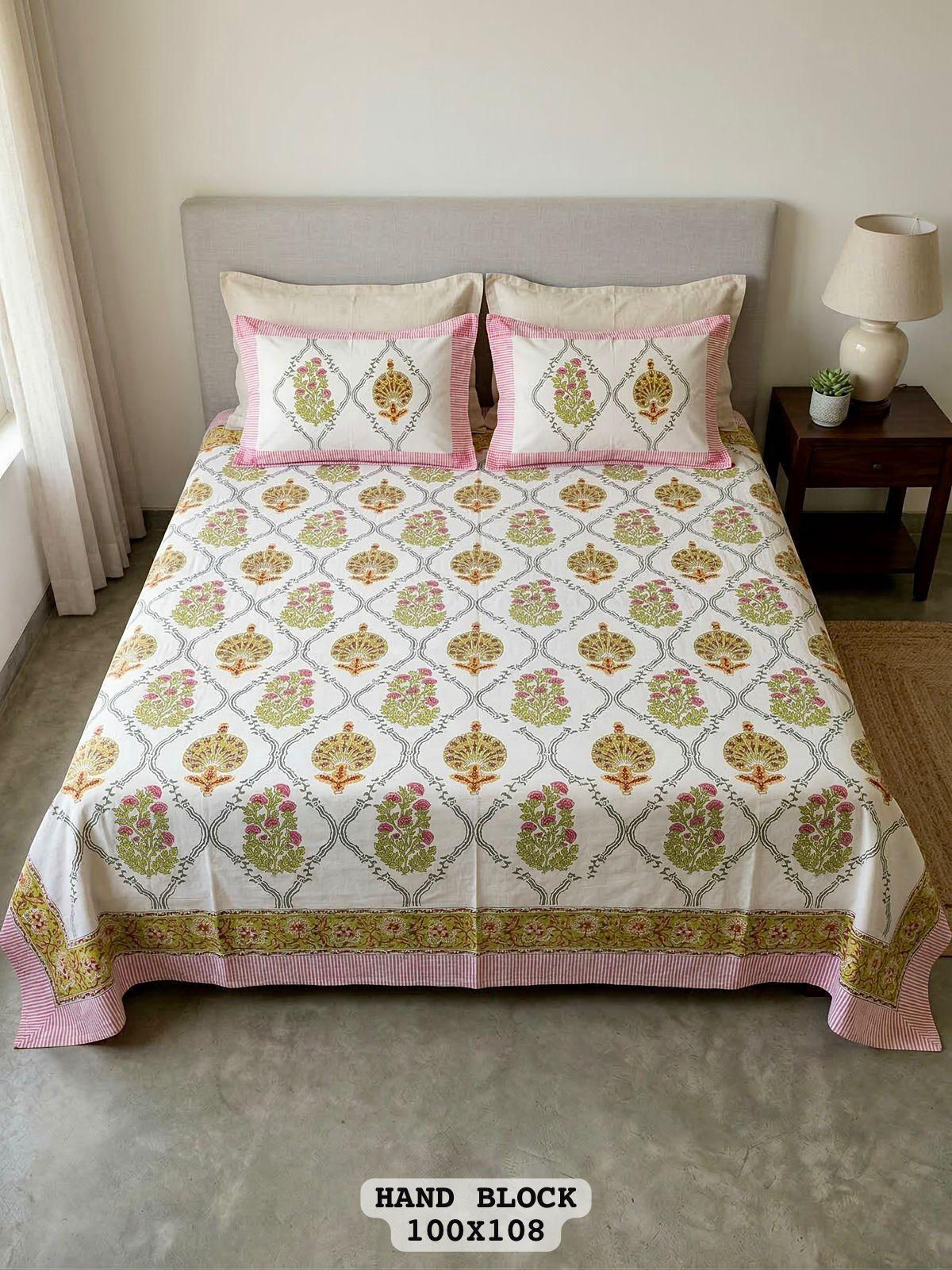 Hand Block King Size Cotton Bedsheet with 2 Zipped Reversable Pillow Cover
