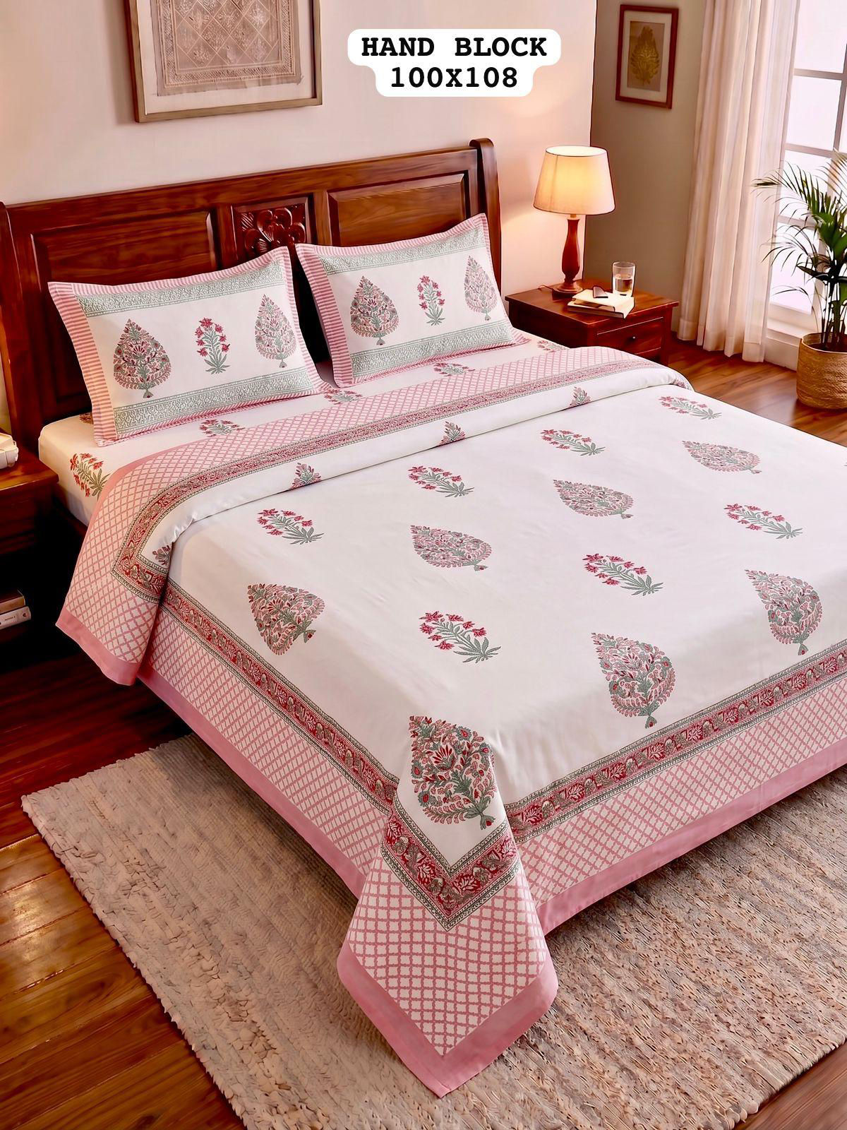 Hand Block King Size Cotton Bedsheet with 2 Zipped Reversable Pillow Cover