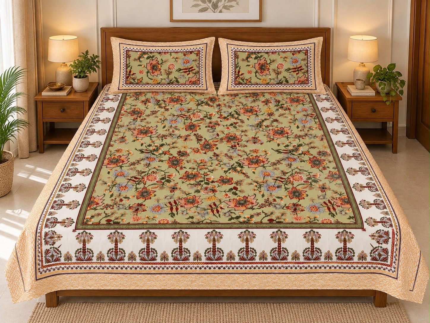 Jaipuri Printed Bedsheets with 2 Reversable Zipped Pillow Covers