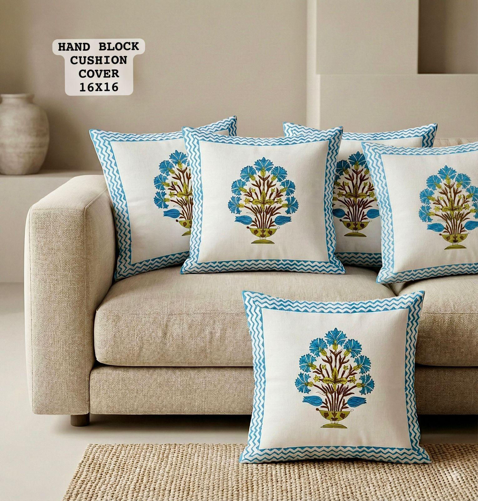 Hand Block Printed 100% Pure Cotton Cushion Covers Set of 5 pcs
